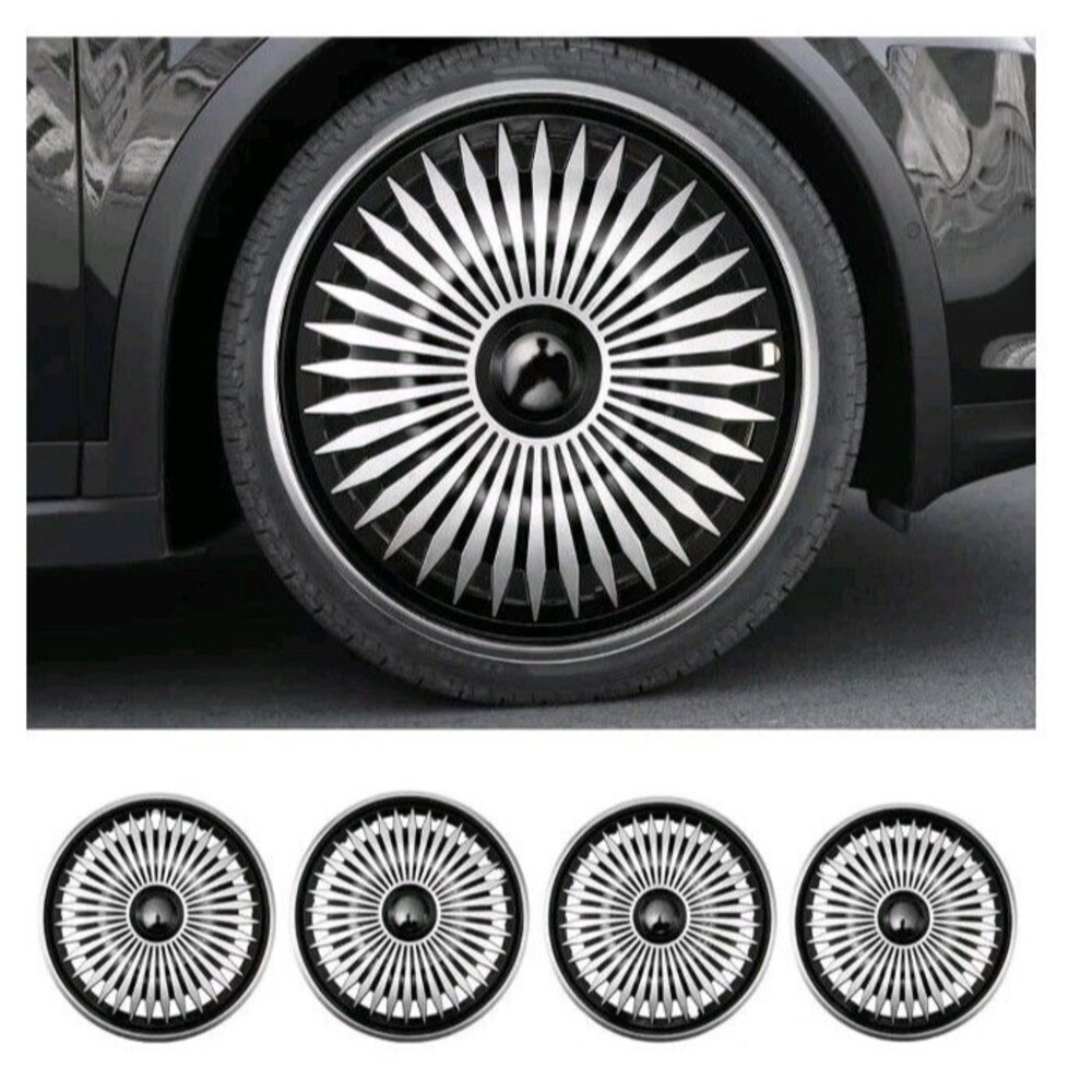 Set of 4 Black & Silver 16" Universal ABS Plastic Snap-on Hubcap Set
